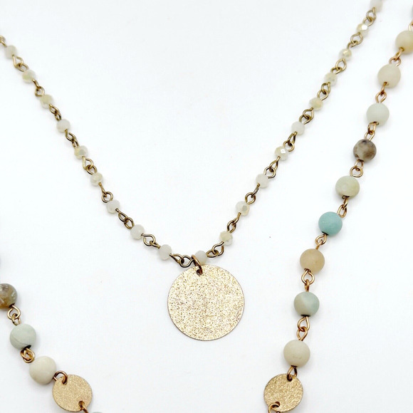 Multi Strand Layered Necklace Gold Tone Natural Stone Coin Feather Boho 26-28" - Picture 3 of 6